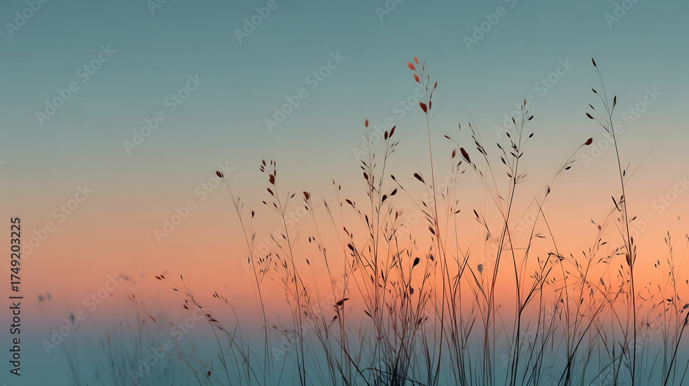 Obraz premium Minimalist artistic silhouette of meadow grass abstract patterns glowing surreal pastel horizon