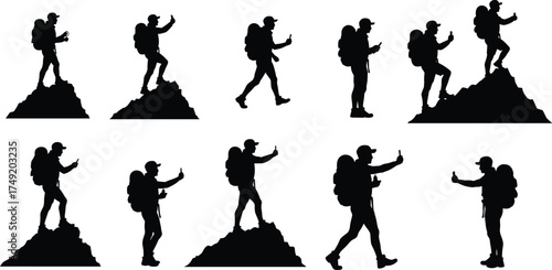 Silhouette of hikers with backpacks on mountain peaks, outdoor trekking adventure vector illustration, travel exploration design, nature climbing artwork collection
