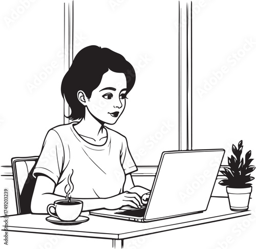 Simple Home Office Line Illustration – Person on Laptop with Window View