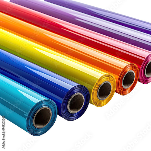 Rolls of colorful vinyl sheets, a rainbow array, glossy and vibrant, isolated