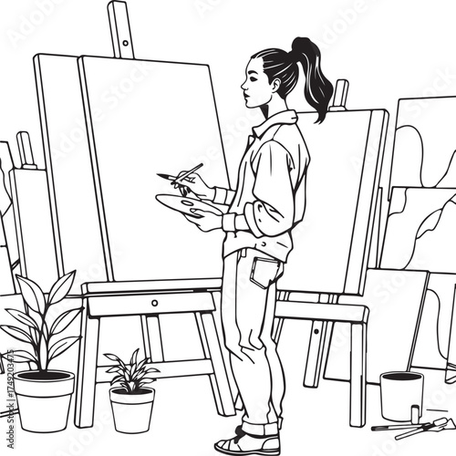 Black Outline Vector of Artist Painting on Canvas in Modern Art Studio