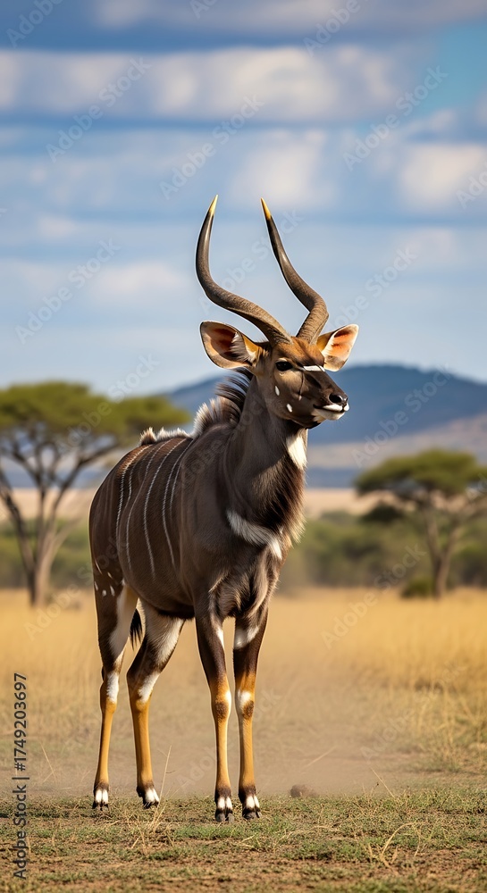 Naklejka premium Majestic Nyala Bull in African Savannah Landscape.