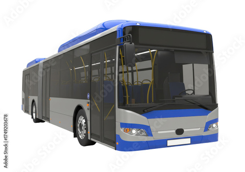 Isolated blue silver city transit bus for urban transportation of passengers and commuters