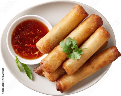 Golden spring rolls atop a plate, with dipping sauce