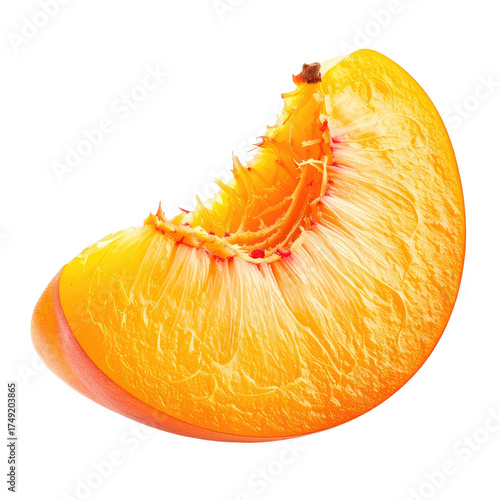 Juicy peach slice. Orange fruit segment, ripe & fresh. Isolated on black