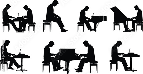 Silhouette of man playing piano, male pianist performing music, grand and electric piano set, isolated musician, artistic black figure