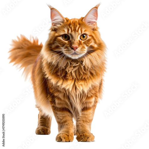 Majestic orange Maine Coon cat with fluffy fur, gazing forward