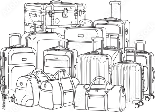 A large pile of assorted travel luggage including suitcases duffel bags and a trunk in a detailed line art illustration.