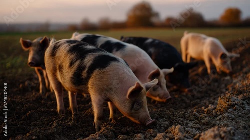 A serene scene of pigs grazing peacefully in a lush field during sunset, showcasing the connection between nature and wildlife in farm life.