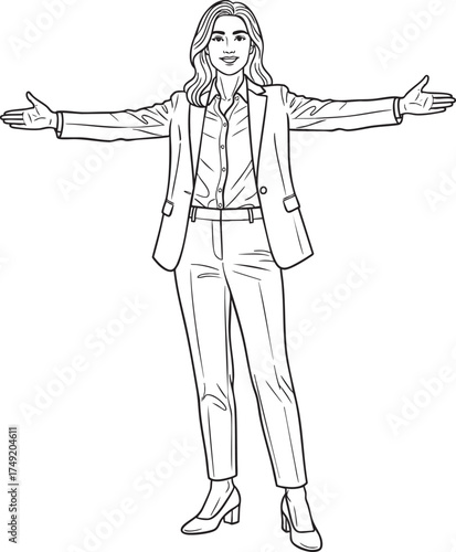 A smiling businesswoman in a suit stands with her arms outstretched in a welcoming gesture a black and white line art illustration.