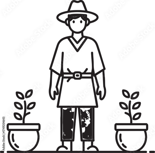 A simple line art illustration of a farmer wearing a hat standing between two potted plants.