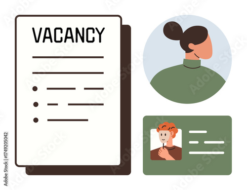 Vacancy notice with bullets, candidate profile icon, and ID badge. Ideal for hiring, recruitment, job search, onboarding, HR processes career development professional roles. Clean flat metaphor
