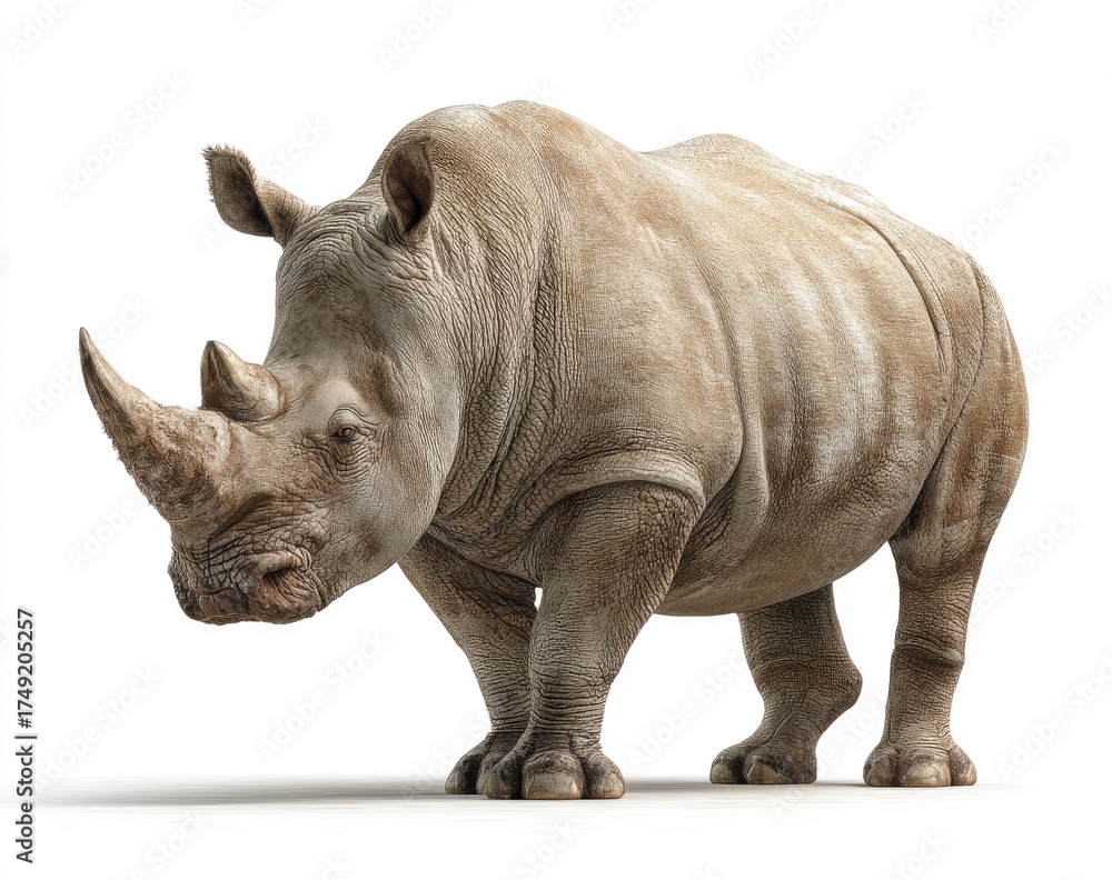 Fototapeta premium Full shot of a large, light-gray rhino. Mature, powerful, isolated against white