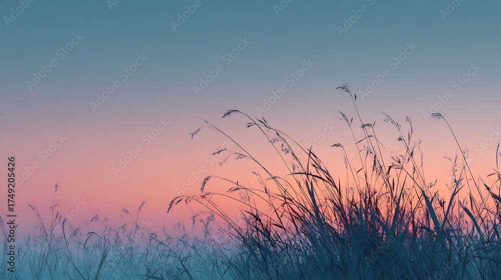Obraz premium Minimalist artistic silhouette of meadow grass abstract patterns glowing surreal pastel horizon
