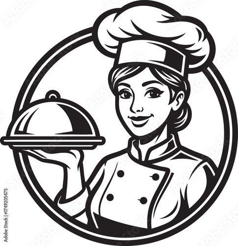 A smiling female chef in a traditional uniform and toque holding a serving platter with a cloche in a circular black and white emblem.