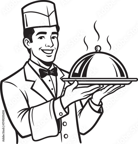 A smiling retro waiter in a uniform and hat holding a steaming cloche on a serving tray.