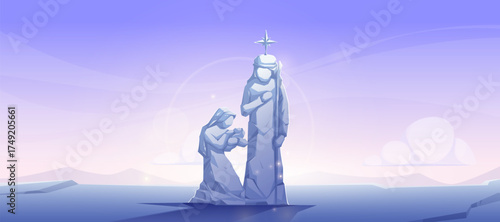 Stone sculpture nativity scene with Mary, Joseph and baby Jesus under glowing star on frozen winter landscape. Serene religious composition in soft blue and purple tones for Christmas spiritual themes