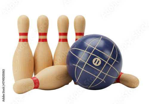 Quadro su tela Isolated skittles set with retro bowling ball and wooden pins for a game, sport