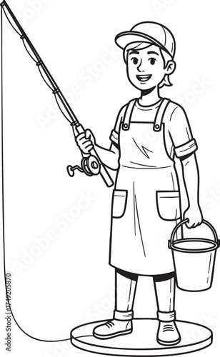 A smiling young boy in a cap and overalls holding a fishing rod and a bucket.