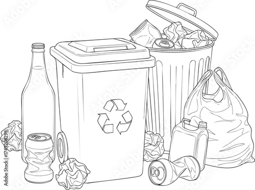 Black and white line art illustration of a recycling bin trash can and various garbage.