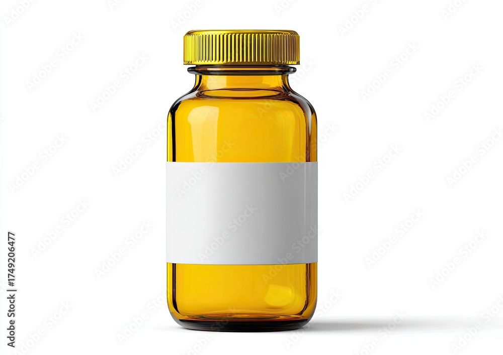 Obraz premium Amber glass medicine bottle with blank label and gold cap