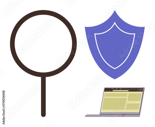 Magnifying glass, shield, and laptop representing data security, protection, and analysis. Ideal for cybersecurity, online privacy, data protection, technology internet information safety simple