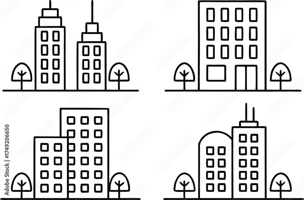 Obraz premium Black and White Cityscape Icons Featuring Buildings Trees and Clean Line Design for Urban Planning and Architecture