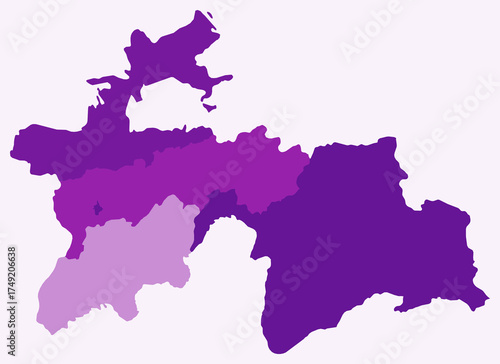 Map of Tajikistan with regions. Just a simple country border map with region division. Purple color palette. Plain Tajikistan shape with administrative division. Vector illustration.
