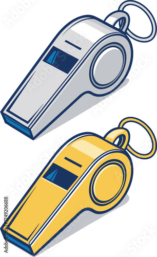 Two Sports Whistles Isolated on White Background Sports Equipment Illustration
