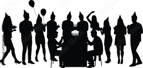 Silhouette of people celebrating birthday party with balloons and cake, group of friends enjoying celebration, festive vector illustration