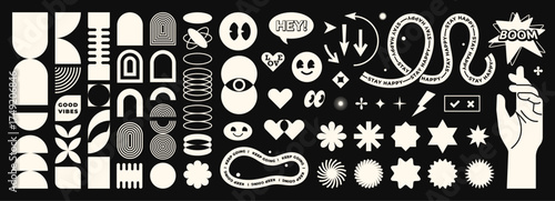 Abstract geometric shapes set vector illustration. Monochrome graphic design elements with retro line, simple form, figure, arch, flower, smiley, hand. Trendy cartoon flat stickers, brutal aesthetic