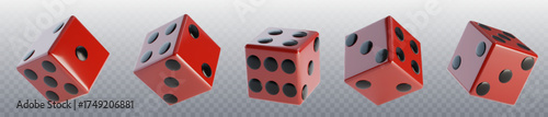 3d red dice with black dots for casino gaming - glossy cubes showing different numbers and angles on transparent background. Gambling pieces in various positions. Board game or probability elements.
