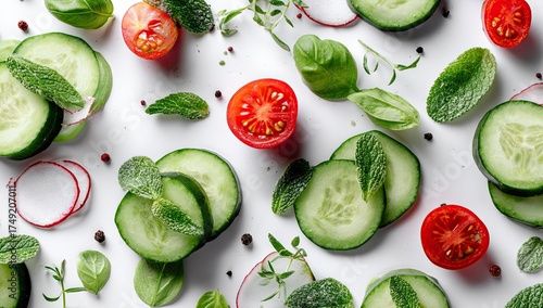 Fresh, vibrant sliced cucumber, cherry tomatoes, mint, and herbs arranged artfully on a white background.  A flat lay display of salad ingredients