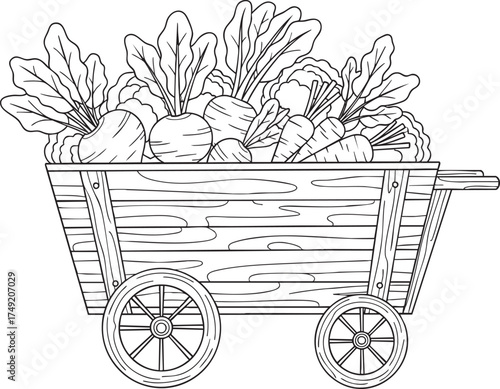 Black and white line drawing of a wooden cart overflowing with fresh harvest vegetables.