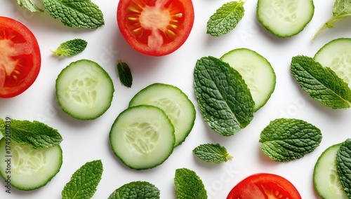 Freshly sliced cucumber, tomato, and mint on white background