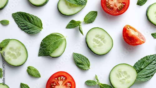 Fresh cucumber, tomato, and mint slices arranged on a white surface