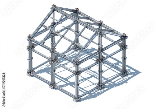 Isometric view of a small house's metal framework.  The structure shows a pitched roof and support beams