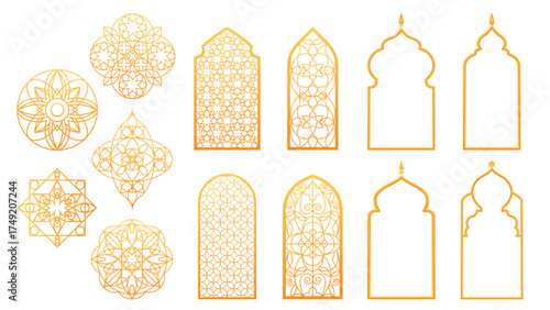Golden Ramadan ornament set with arch windows and geometric patterns for Islamic decoration - circular mandalas with doorway frames. Traditional Arabic design elements for mosque or festival graphics.