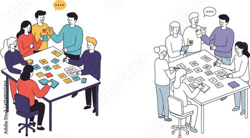 Teamwork brainstorming session with diverse people discussing ideas, sticky notes, graphs, and devices in collaborative office or classroom environment