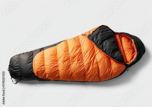 Orange and black down sleeping bag, laid flat