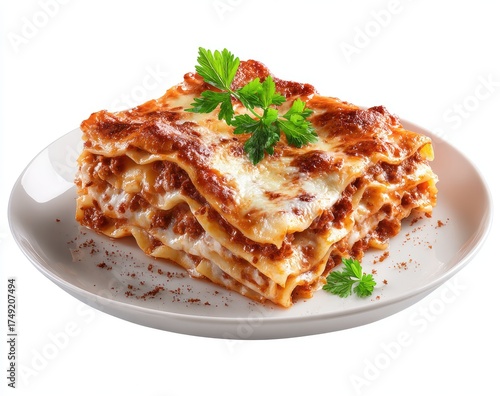 A square portion of lasagna, layered, on a plate.  Melted cheese, meat, and pasta.  Garnished with fresh parsley