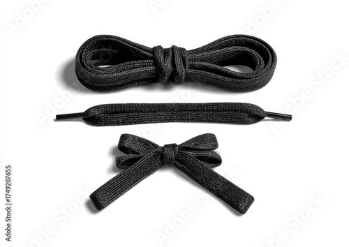 Three black shoelaces, one long, one short, and a bow