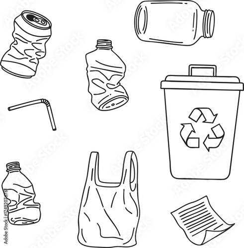 Handdrawn black and white line art set of recyclable waste trash and garbage icons.