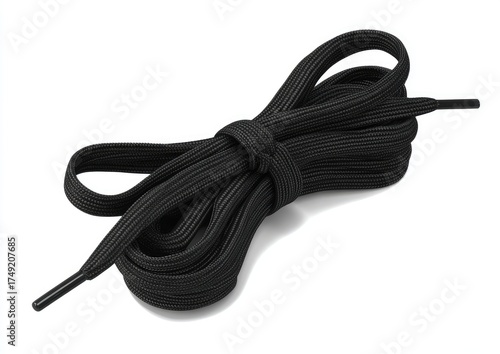 A coiled pair of black shoelaces