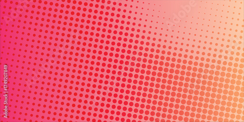 Elegant Pink orange polka dots gradient halftone background. Pop art cartoon dot texture with comic graphic design, Horizontal abstract pattern digital technology.Eps 10