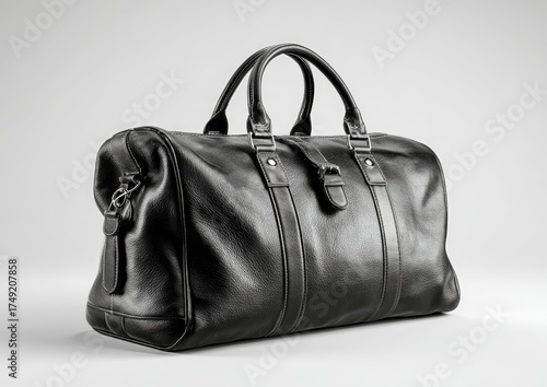 Black leather duffel bag, angled view
