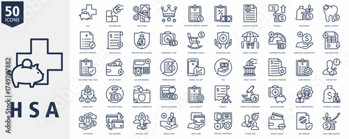 Health Saving Account Icon Set Outline with HSA, contribution, deductible, premium, qualified medical expense, tax advantage, account holder, interest, investment, dental savings

