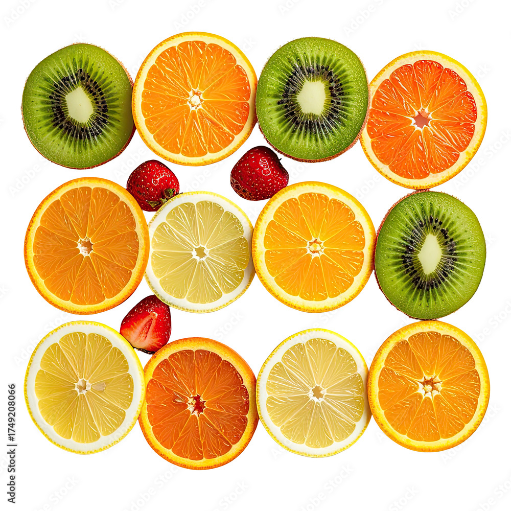 Obraz premium Sliced fruit arrangement on black background. Kiwi, orange, strawberry, lemon
