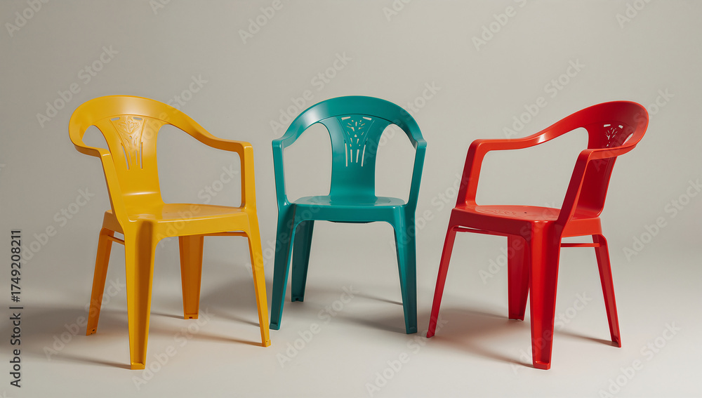 Obraz premium Vibrant Plastic Chairs Set Against Neutral Background