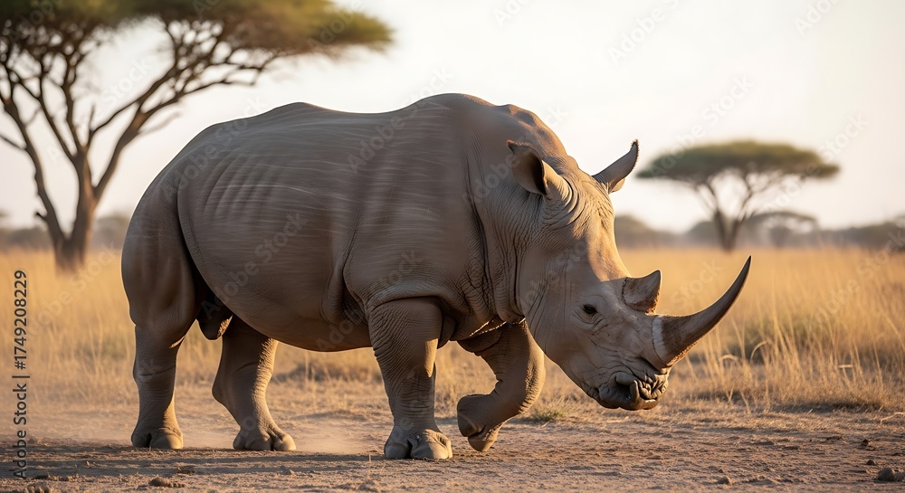 Fototapeta premium Majestic White Rhinoceros Strolling Through the African Savannah.